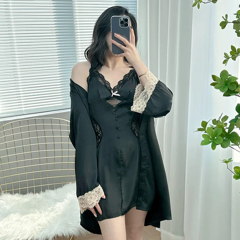 Sexy Lace Satin Patchwork 2PCS Kimono Robe Set Women Sleepwear Bathrobe Gown Intimate Lingerie Novelty Nightwear Homewear