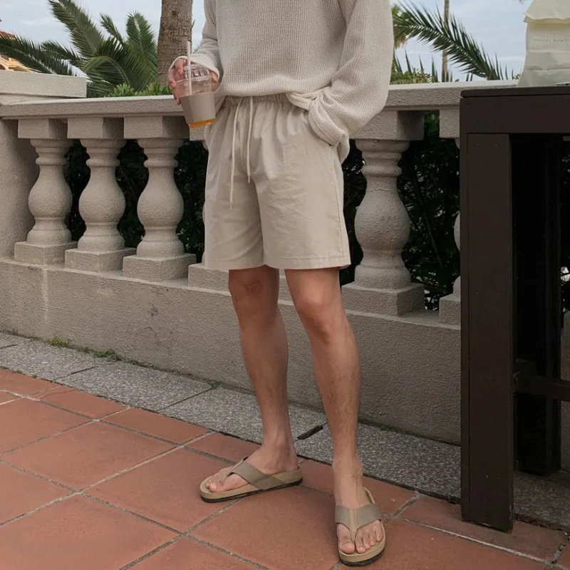 2025 Summer New Fashion Men's Linen Casual Trendy Wide Leg Straight Loose Solid Color Knee Length Drawstring Shorts Male Clothes