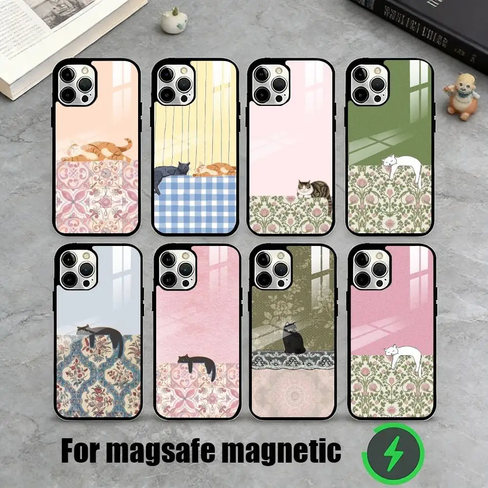 

Vintage Cottagecore Cat Floral Phone Case For iPhone17,16,15,14,13,12,11 Plus,Pro Magnetic For Magsafe Wireless Charging