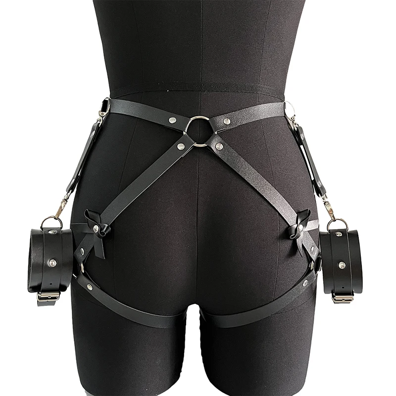 Fashionable Women's Bowknot Leg Harness with Bracelet Faux Leather Buttocks Adjustable Suspenders Gothic Garter Thigh Sword Belt - view 4