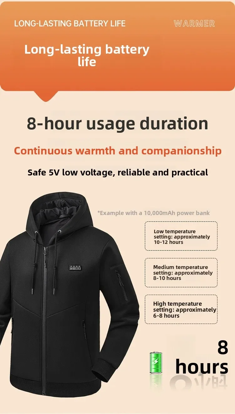 Selbstheizende Jacke für Herren und Damen, Sweatshirts, Kapuzenpullover, 26 Heizzonen, USB-beheizte Kleidung, kältebeständig, zum Skifahren, Campen und Wandern. – Detail 3