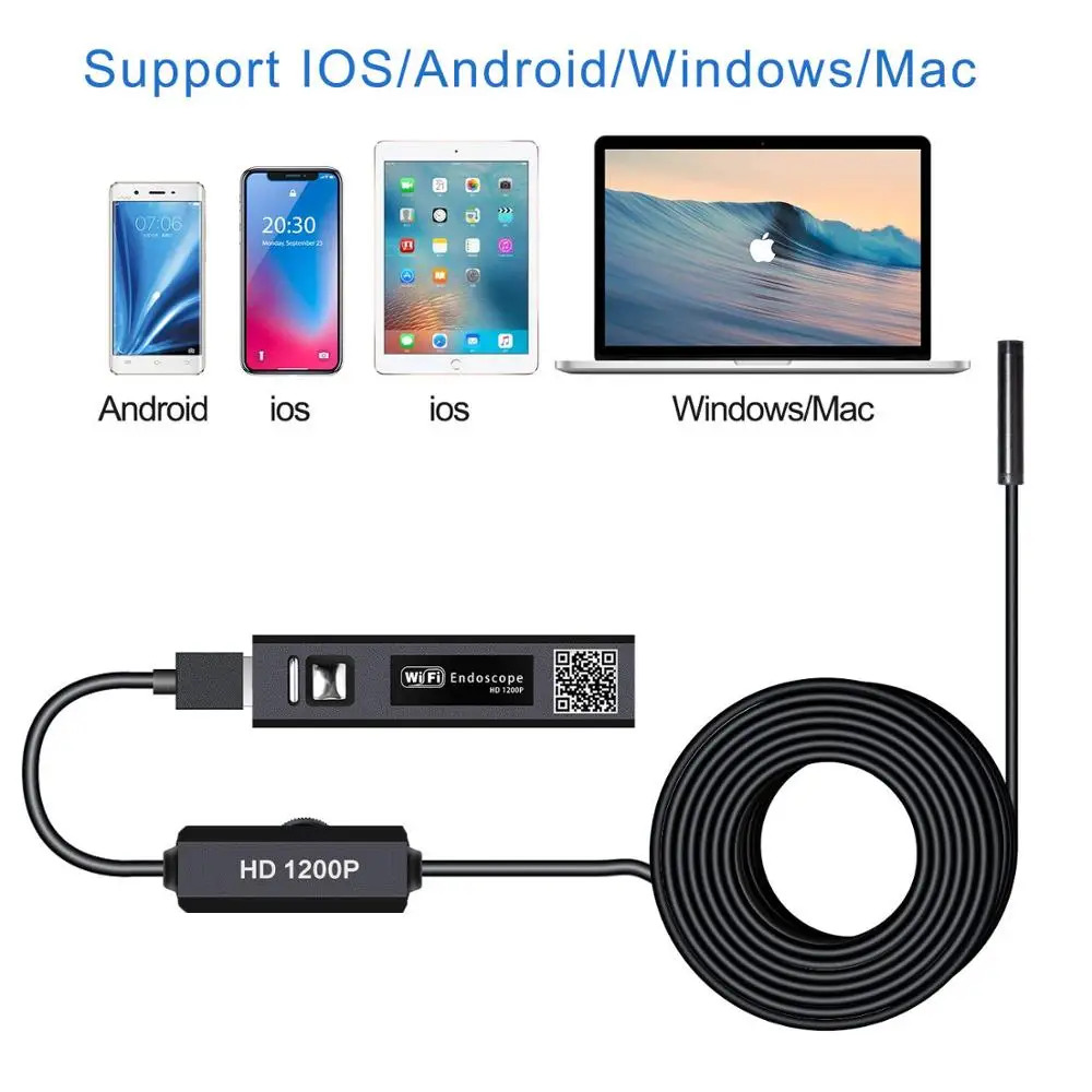 Wireless Endoscope USB Borescope Inspection Camera 1200P HD WiFi Snake Camera IP68 with 8 LED for Android IOS iPhone Tablet PC