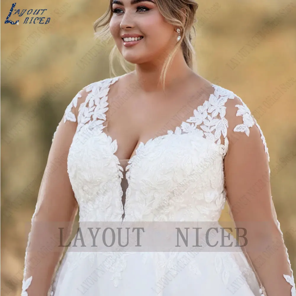 LAYOUT NICEB-applicaties Plus size bruidsjurk met volledige mouw A-lijn trouwjurken zonder rug V-hals satijn knoppen amanda novias 2024LAYOUT NICEB-applicaties Plus size bruidsjurk met volledige mouw A-lijn trouwjurken