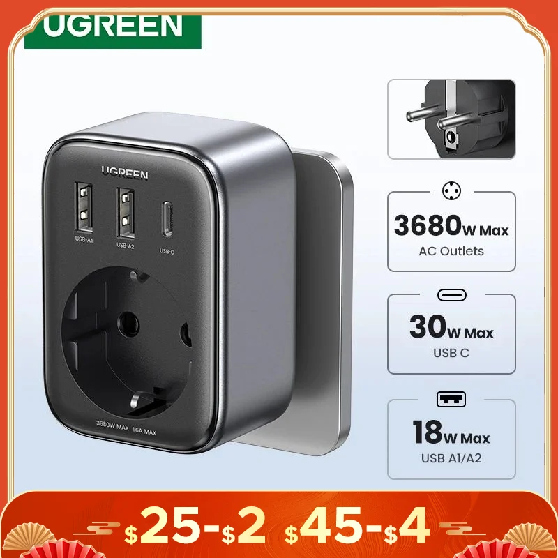 UGREEN 30W GaN PD Charger With AC Outlets Mobile Phone Charger for iPhone 15 14 Xiaomi USB Wall Socket Power Strip Charger