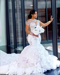 Customized  Long Sleeves  Crystals Bead Mermaid Wedding Dress For Bride Marriage Organza Tiered African Aso Ebi Bridal Gowns