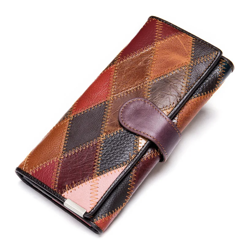 Ladies' Wallet - New Design - Top-grain Cowhide - Colorful Patchwork Diamond Pattern - Ladies' Genuine Leather Wallet