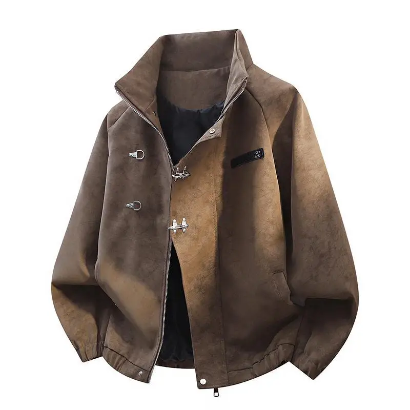 

New Chinese Style Dyed Leather Jacket Casual Zipper Decorated Men's Winter Coat Couples Match Vintage Streetwear