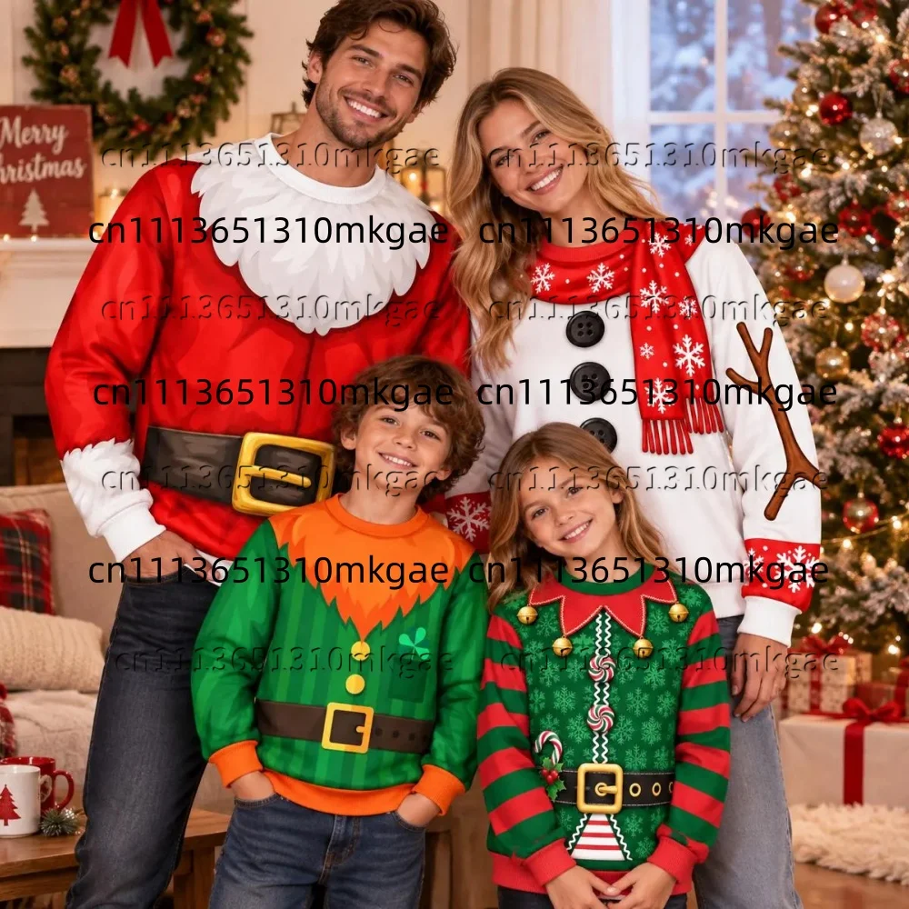 Ugly Christmas Family Matching Pullover Sweatshirt 3D Santa Elf Reindeer Graphic Print Long Sleeve Tops Holiday Family Outfit