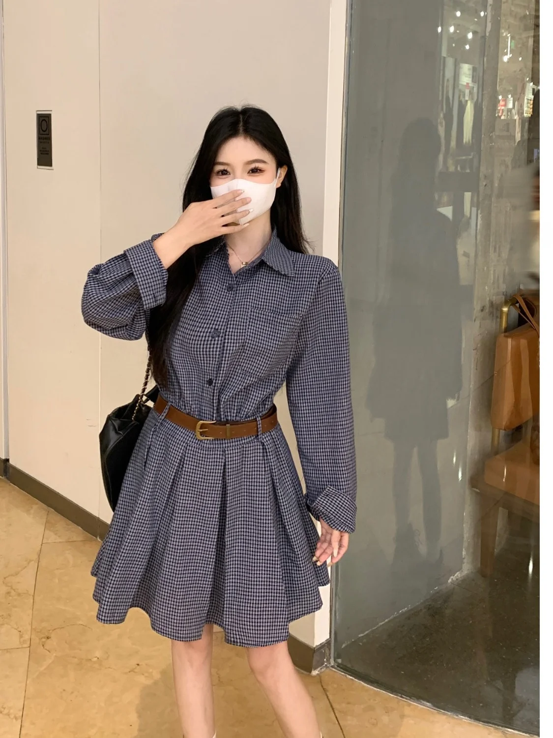 

Женская винтажная юбка-трапеция в синюю клетку в стиле преппи, больших размеров, с длинным рукавом, приталенная, в корейском стиле, весенняя новинка