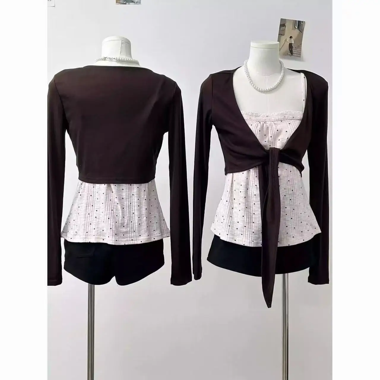 Japanese Vintage Casual Sweet Lace Polka Dot Tops Set Women 2026 Fashion Slim Long Sleeve Cardigan Sexy Bow Slim Strap Tops
