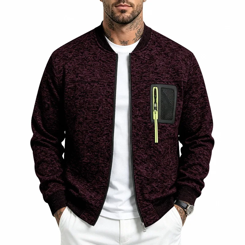 Men Heathered Zip‑Up Bomber Jacket, Rib Collar Contrast Zipper Pocket Long Sleeve Casual Outerwear