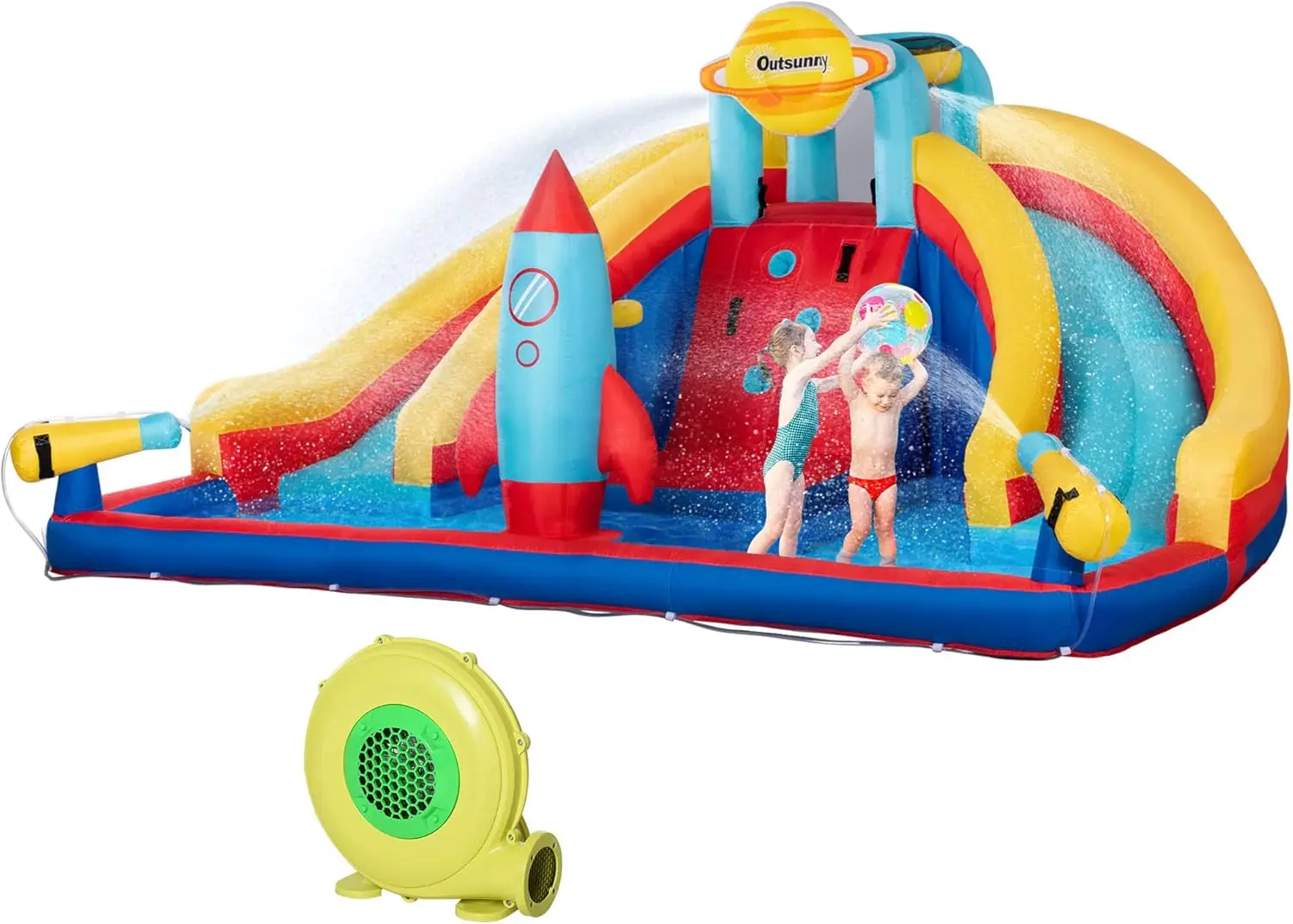 

5-in-1 Inflatable Water Slide, Rocket Themed Kids Castle Bounce House with Slide, Pool, Water Cannon, Basket, Climbing Wall Incl