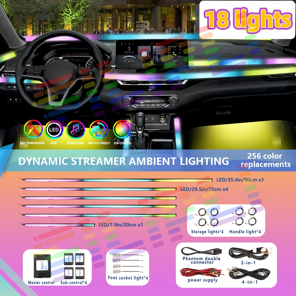 2/6/10/14/18 in 1 Symphony Car LED Ambient Lights RGB Rainbow Neon Strip Acrylic Interior Decoration Dashboard Atmosphere Lamp