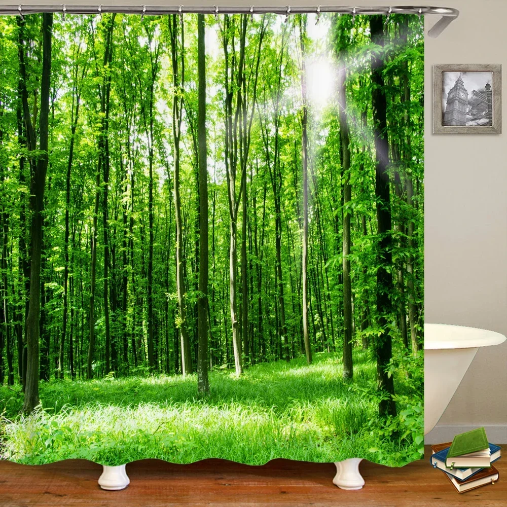 3D Sunshine Forest Landscape Printed Shower Curtain Bathroom Curtains Polyester Home Decor Curtain With Hook Curtain 72x72 inch