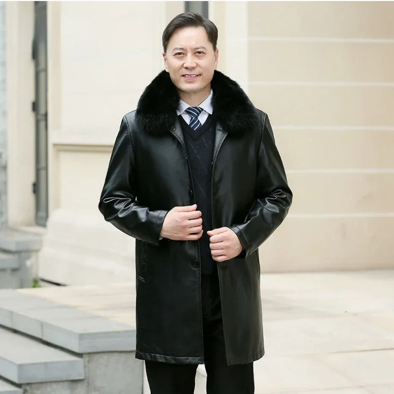 Leather Jacket Men Winter Jacket Men Medium Length Plush Thickened Leather Coat for Men Fur Collar Windbreaker for The Elderly