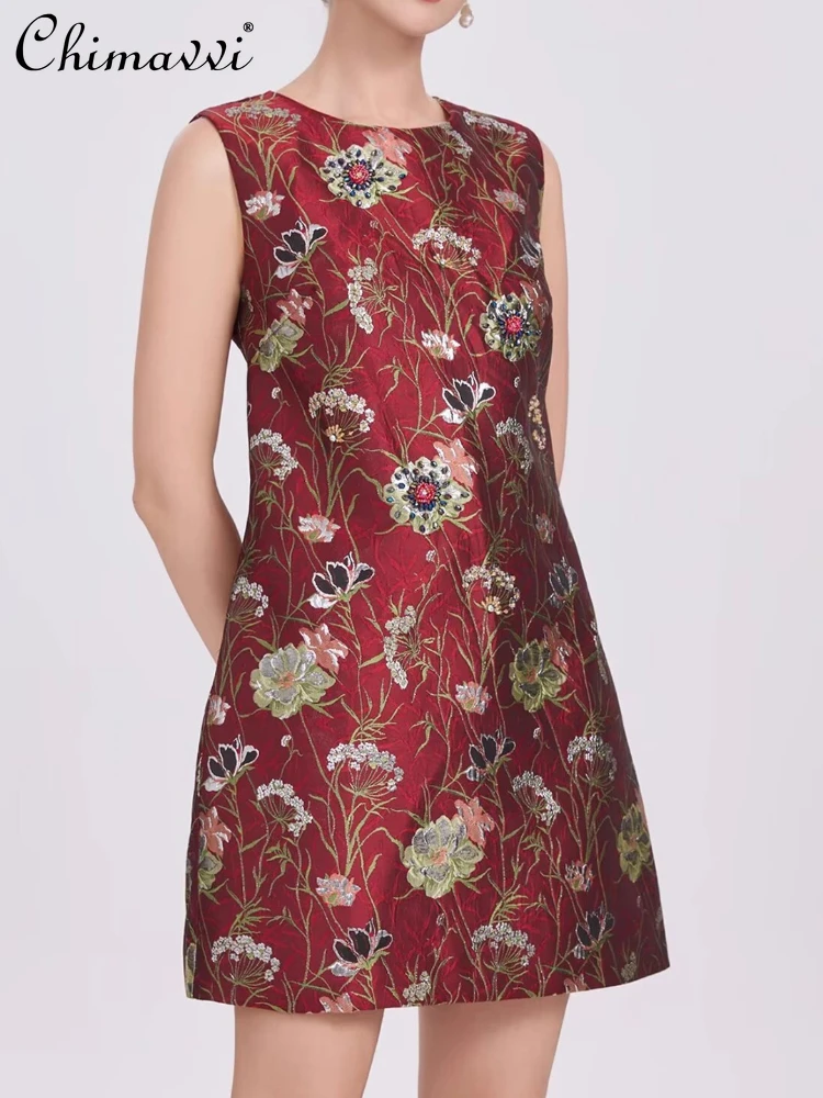 

French Temperament Elegant Heavy Industry Beading Embroidery Stand Collar Sleeveless High Waist A-line Red Evening Dress Women