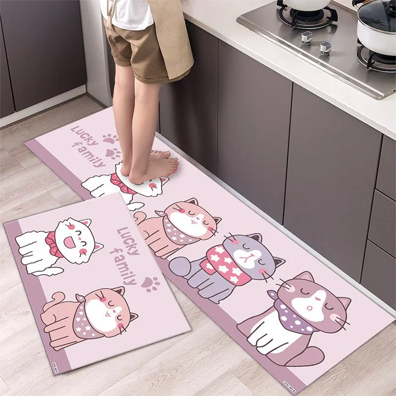 VIKAMA 2PCS cute cat kitchen floor mat non-slip foot mat cartoon healing wind door mat home bedroom bedside carpet