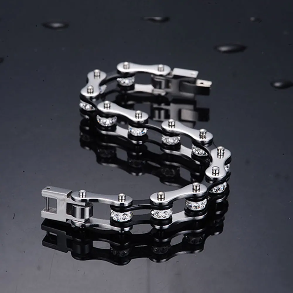 أساور رجالي، أساور ربط سلسلة الدراجات النارية على شكل فاسق للنساء، توزيع دعم المجوهرات المصنوعة من الفولاذ المقاوم للصدأ باللون الأسود #5