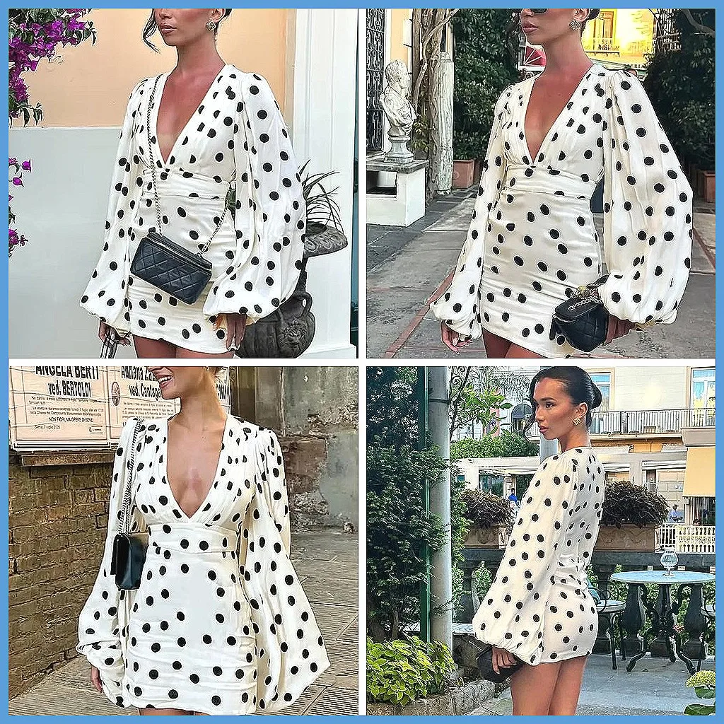 

Sexy Polka Dot Bodycon Mini Dress for Women, V-Neck Lantern Sleeves & Waist Cinching, Vacation Street Gown