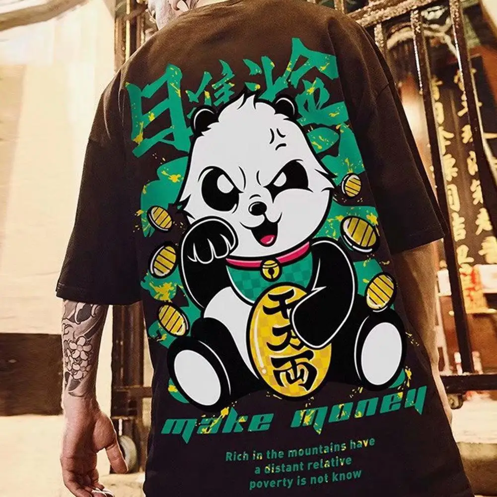 Men T-shirt Men's Hop Style Cartoon Panda Print T-shirt with Half Sleeves O Neck Soft Breathable Good Luck Summer Pullover