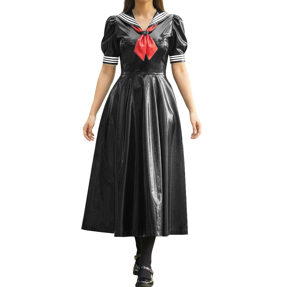 Vinyl PVC Leather Long Sailor Dress with Puff Sleeve Japanese Cosplay Women's School Uniform Halloween Party Role Play Outfits