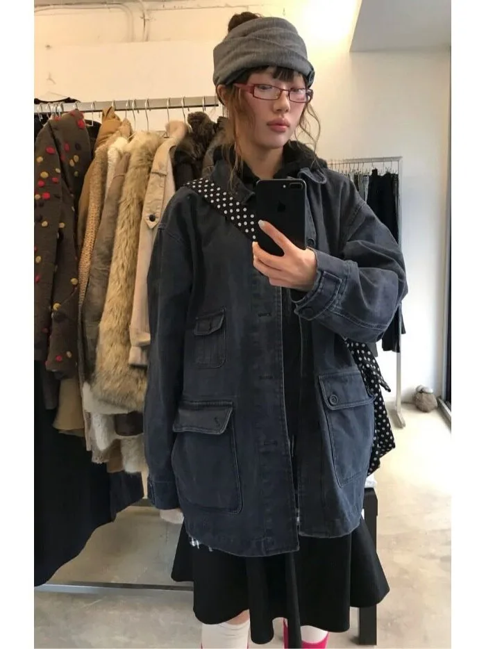 Retro Washed Denim Work Jacket Women's Long Collar Multi-Pocket Autumn New Style Korean Style Casual Streetwear Coat