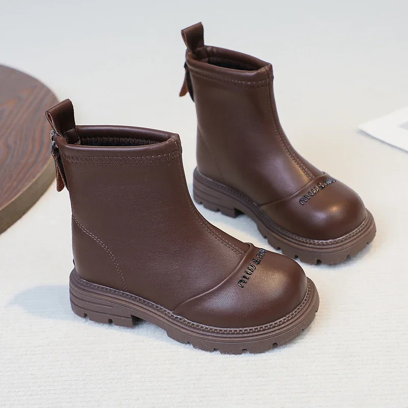 Girls Ankle Boots, Fashion Embossed Letter Kids Short Boots Back Zipper, Non‑Slip Thick Sole Toddler Autumn Winter Dress Boots