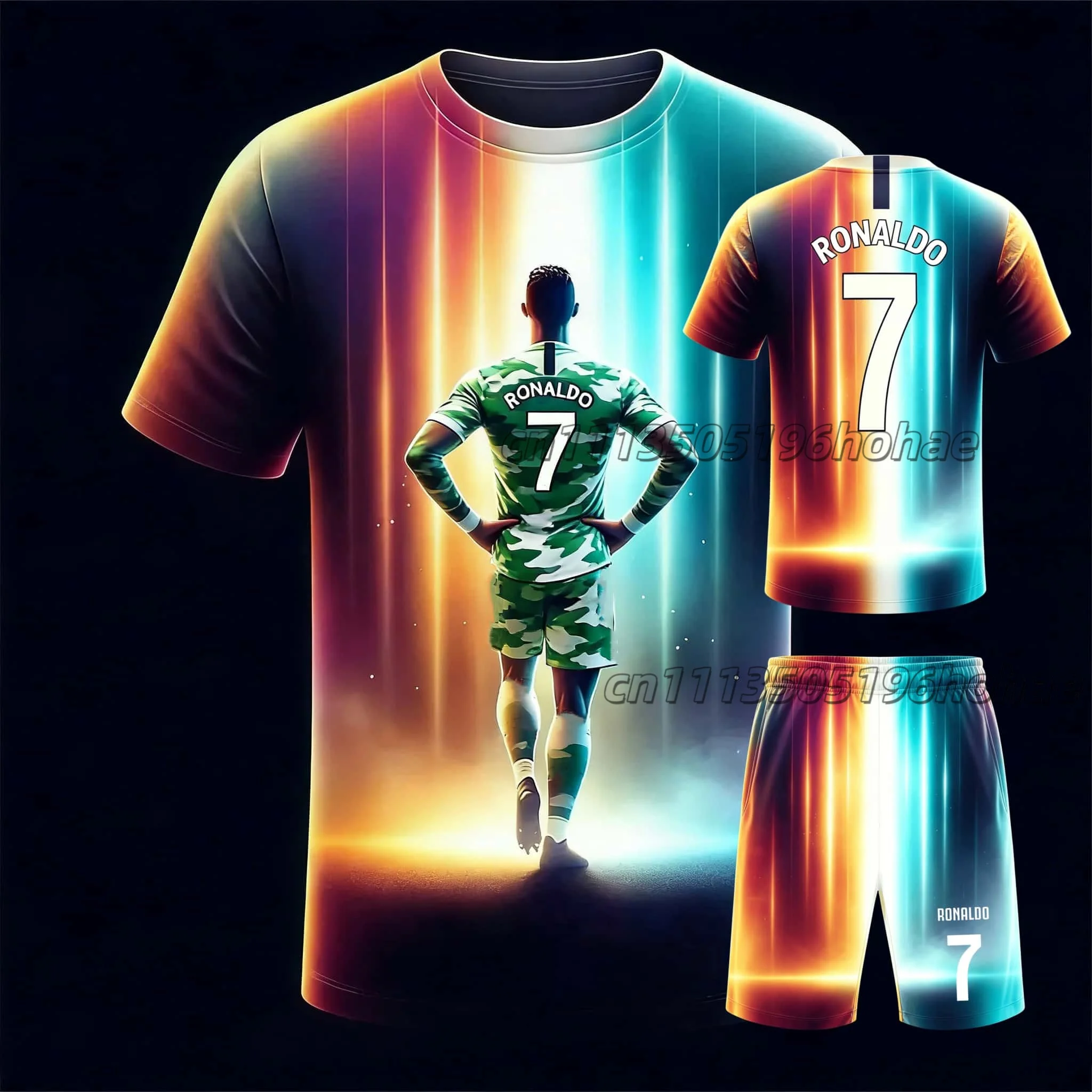 New #Ronaldo7# Gradient Starry Sky Trendy T-shirt and Shorts Set Breathable Training Wear for Teenagers and Adults in Summer