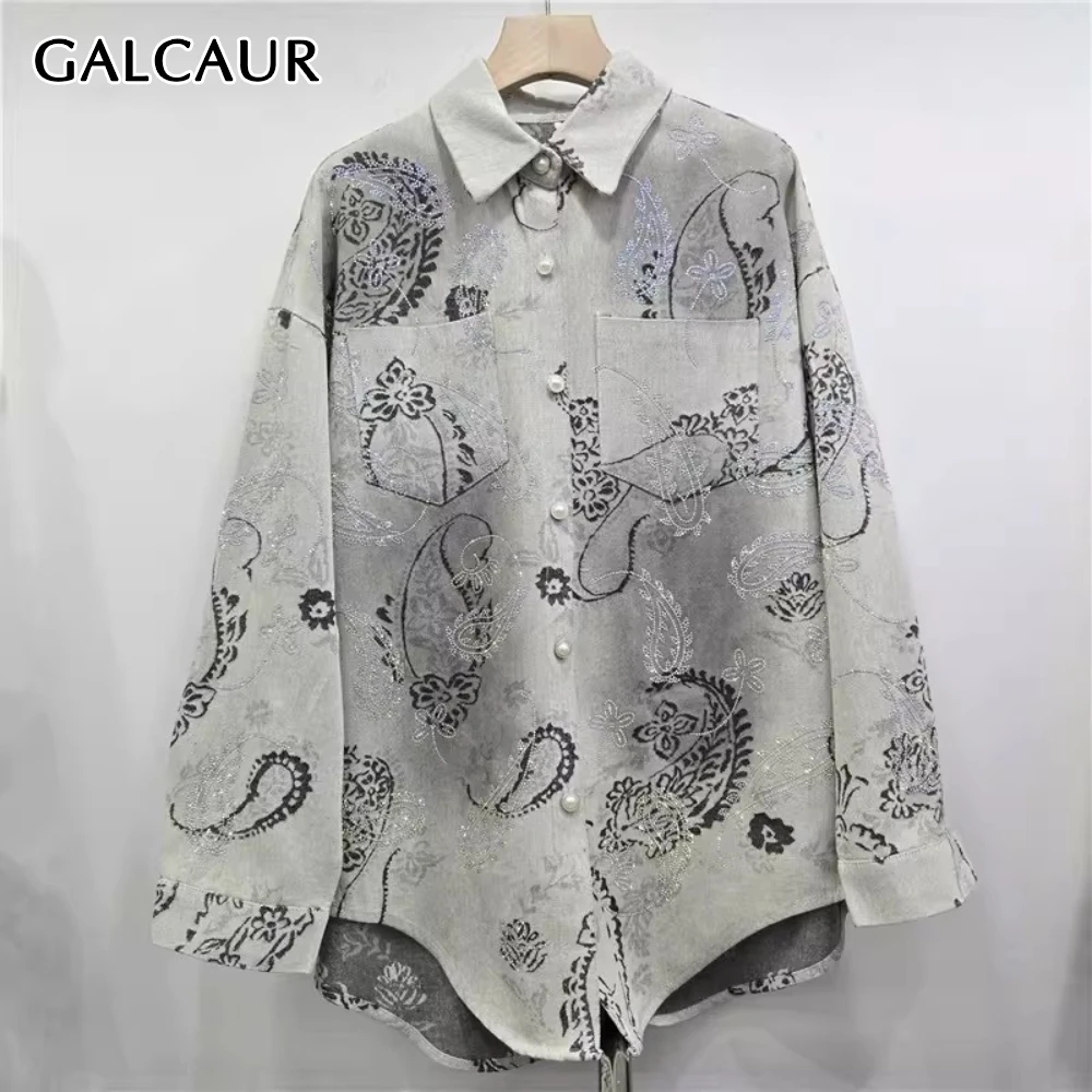 

GALCAUR Gray Spliced Diamonds Chic Shirt Female Lapel Long Sleeve Loose Elegant Intellectual Women's Shirts Autumn Style Fashion