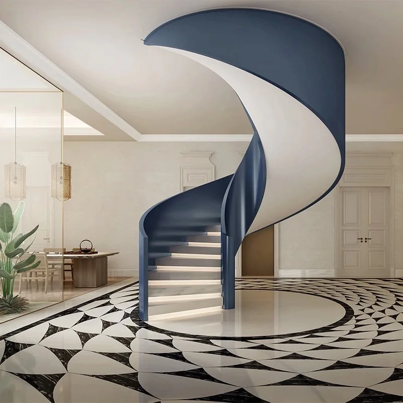 

custom.Luxury Design Polished Steel Double Stringer Marble/wooden Step Curved Stairs With Customized Stair Railing For Sale