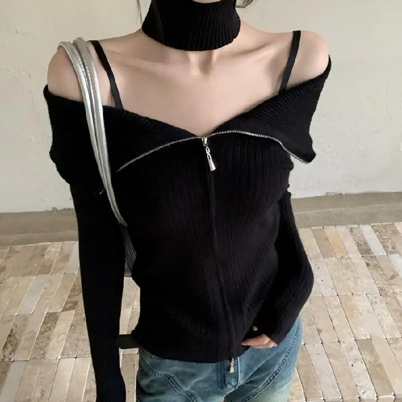 Elegant Temperament Women's Double Zipper Knitted Sweater New Slim Fit Split Neck Tops Skin Friendly Soft Versatile Comfortable