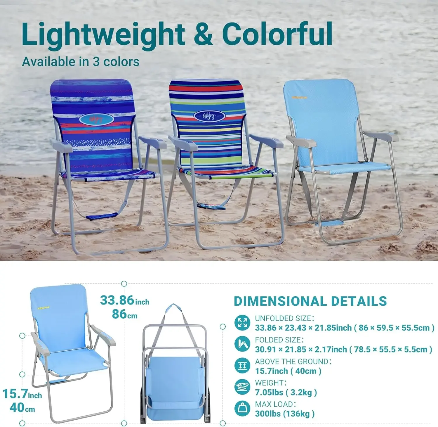 Folding Beach Chair for Adults, Lightweight Beach Chair with Shoulder Straps, High Back Beach Chairs with Hard Armrest, Cyan