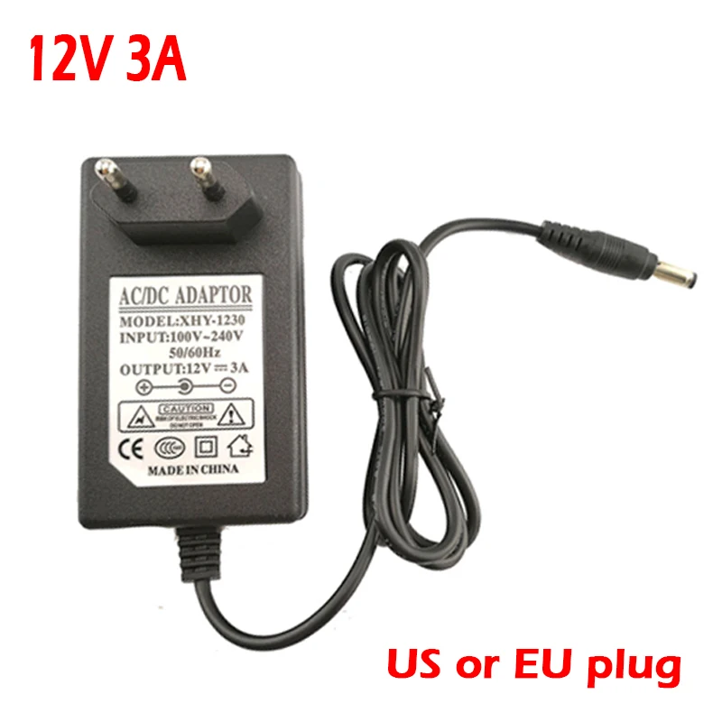 Adaptador AC carregador com EUA e UE Plug, fonte de alimentação, conversor, transformador para CCTV, lâmpada LED Strip, DC, 12V, 3A, 5,5 milímetros x 2,5 milímetros, 100V-240V