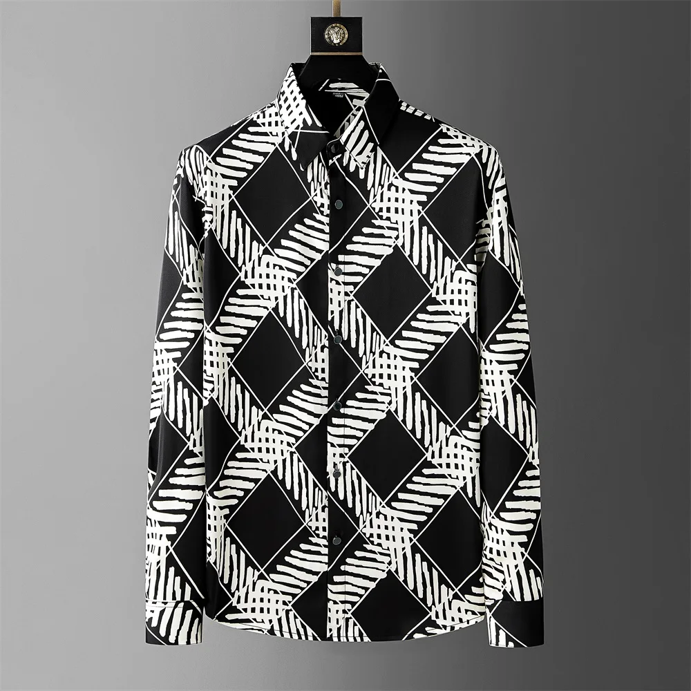 Brand Plaid Shirts Men Fashion Long Sleeve Loose Casual Shirts 2024 Spring Summer Streetwear Social Party Tuxedo Blouse M-4XL