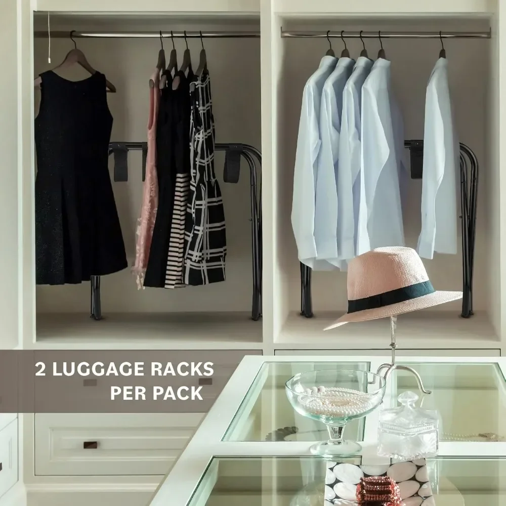 Rack de bagagem dobrável de 2 pacotes Suporte de mala de metal dobrável com alças de nylon pretas duráveis - para quarto, quarto de hóspedes ou hotel