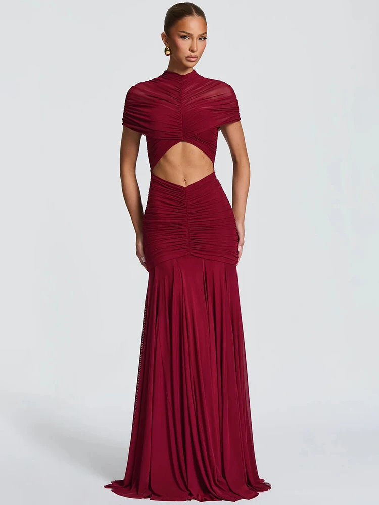 Mozision Kurzärmliges Gerafftes Sexy Maxikleid für Damen, Elegantes Ausgeschnittenes Rollkragen-Bodycon-Kleid, Plissiertes Club-Party-Langkleid für Frauen