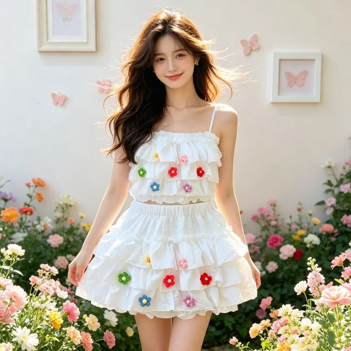 Kawaii Tiered Cake Mini Skirt 3D Crochet Flowers Elastic Waist Built-in Safety Liner Women Coquette Frilly Flowy Short Skirt