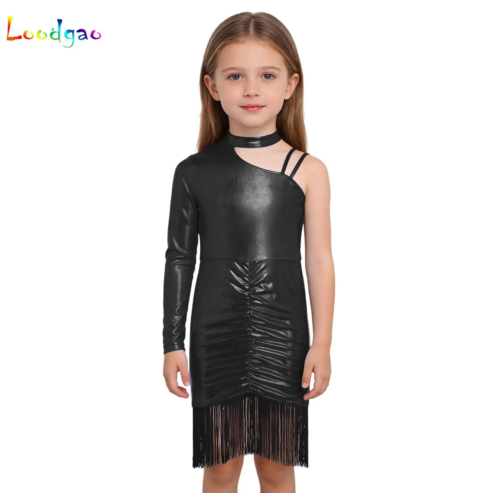 

Latin Dance Dress for Kids Girls Children Asymmetrical Shoulder Tassels Ruched Training Dress Professional Competition Dancewear
