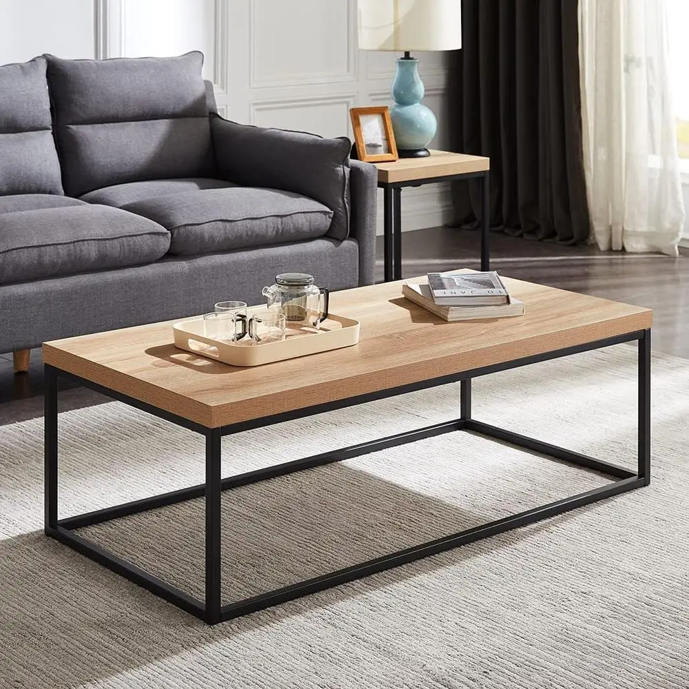 47-Inch Natural Oak Coffee Table/Center Table | Extra Thick 1.6 E-comb Top, Large Size, Rustic Industrial Rectangular, Accent Co