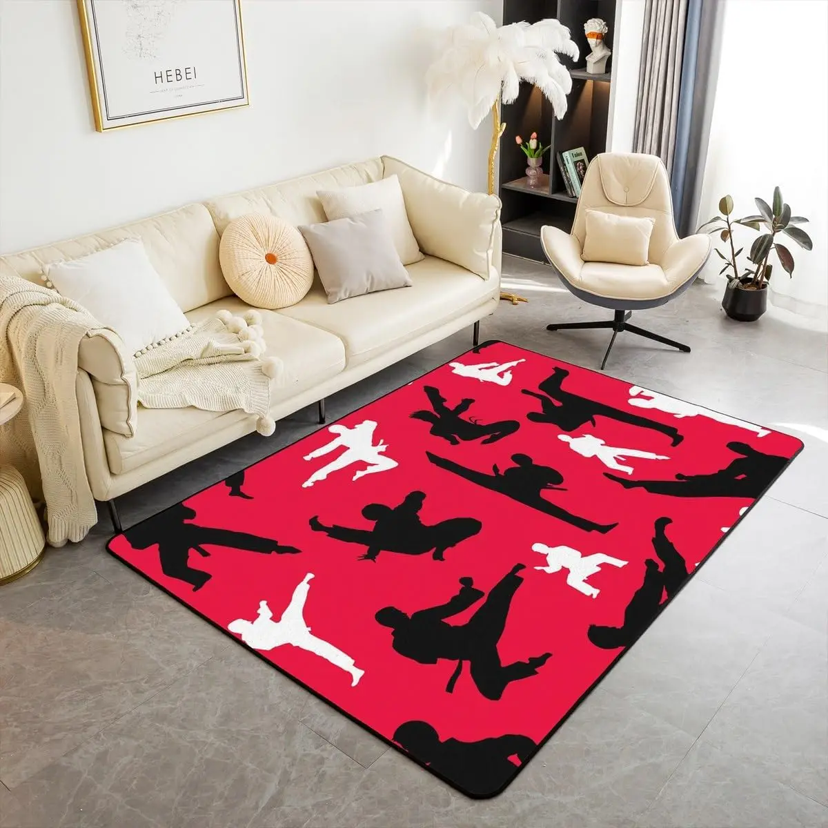 

Karate Silhouette Print Area Rug, Red Background Non-Slip Floor Mat for Living Room Bedroom, Sports Home Decor Carpet
