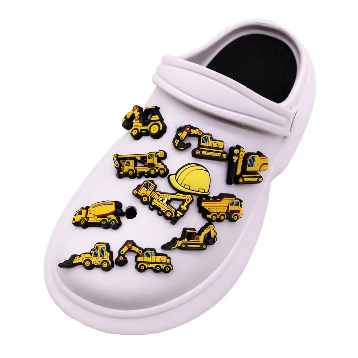 1 Pcs Yellow Truck PVC Shoe Charms Accessories Bulldozer Excavator Roller Cars Sandal Upper Buckle Decorations Hard Hat Clog Pin