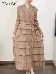 GVUW Pleated Lapel Dress Women Double Breasted Full Sleeve Lace-up Elegant Solid Color Patchwork New 2024 Dresses 17G8167