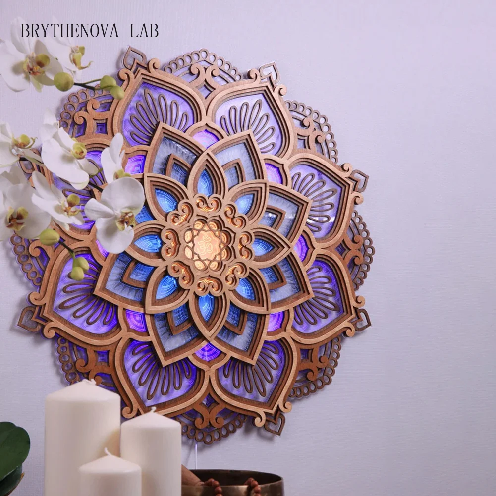 LED Mandala Lotus Lamp Night Light Wall Hanging Ornament Room Yoga Bedroom Home Decoration Accessories Wood Carving Art Statue