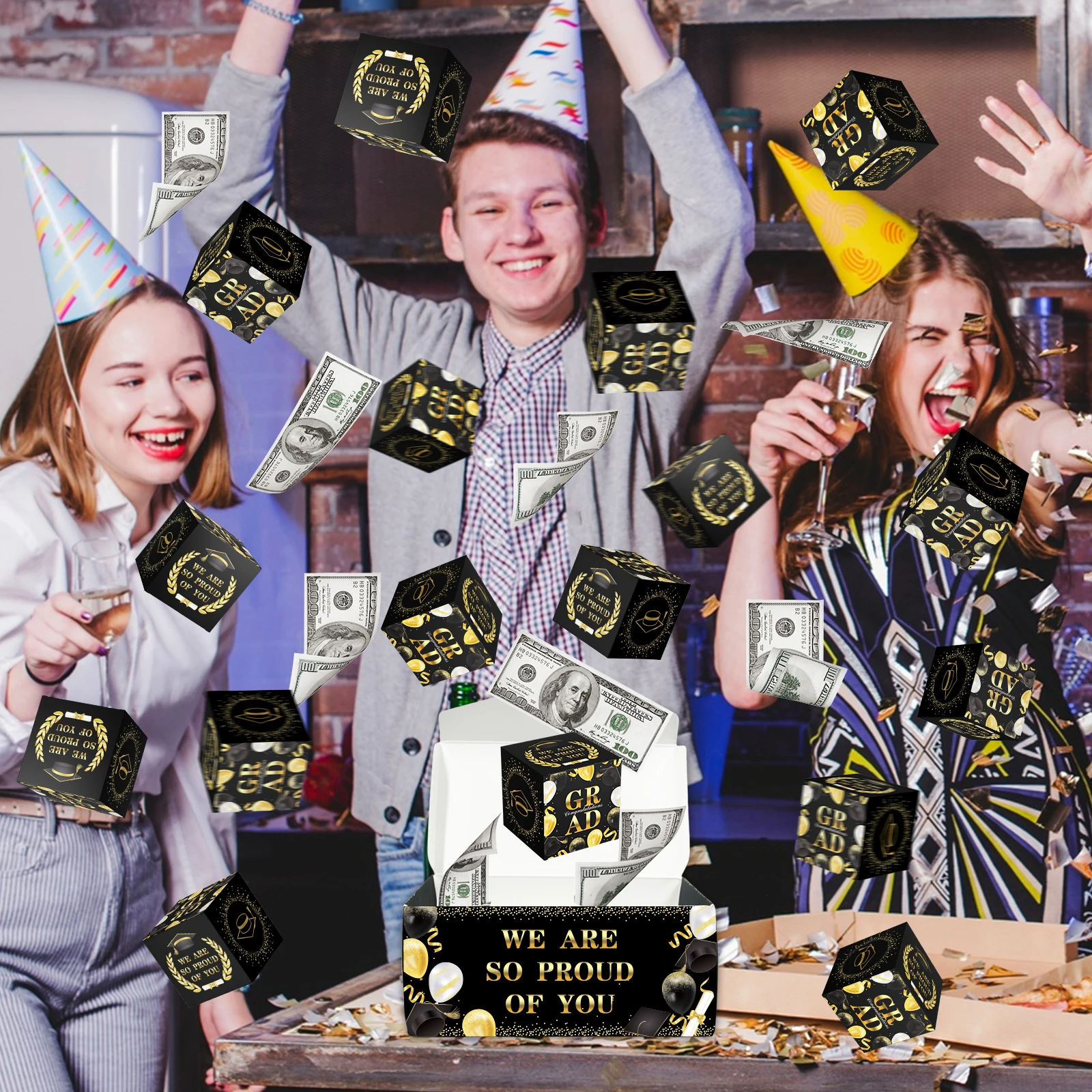 16Pcs Graduation Exploding Money Gift Box Black Glod Congrats Bouncing Surprise Cash Pop-Up Box Grad Cash Gift Idea for Congrats