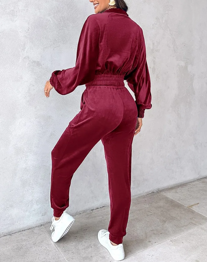 autumn winter velvet pant sets women fashion long sleeve zipper coat and pants two piece sets casual high waist pants outfits