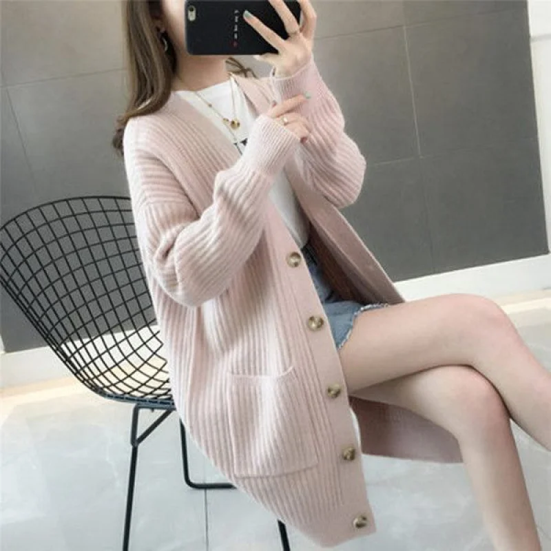 Sweaters for Women 2023 New Thickened Korean Style Knitwear Coat Spring Autumn Knitted Cardigan Mid-Length Loose Sweater Coat