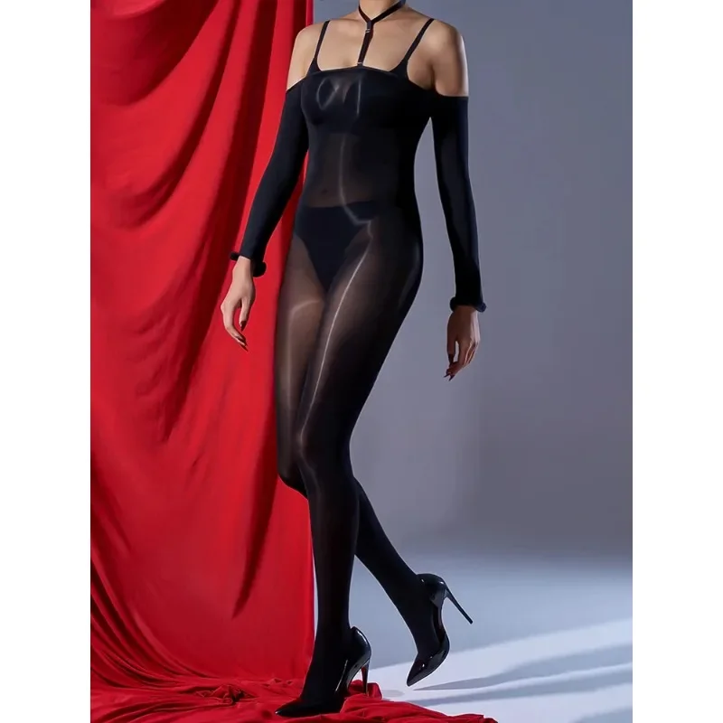 Sexy off shoulder Glossy Shiny Bodystocking Long Sleeve /Sleevless Nylon Bodysuit Tights Leotard Conjoined Lingerie Pijamas Body