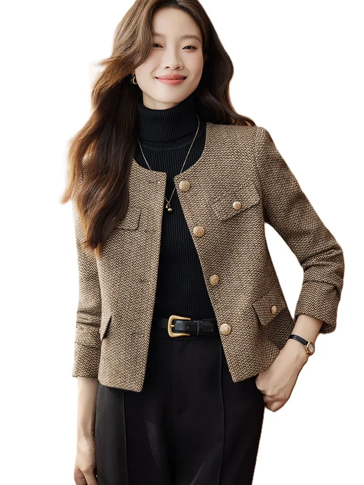 

Fashion Winter Women's Casual Blazer Khaki Gray O-Neck Female Ladies Jacket Coat