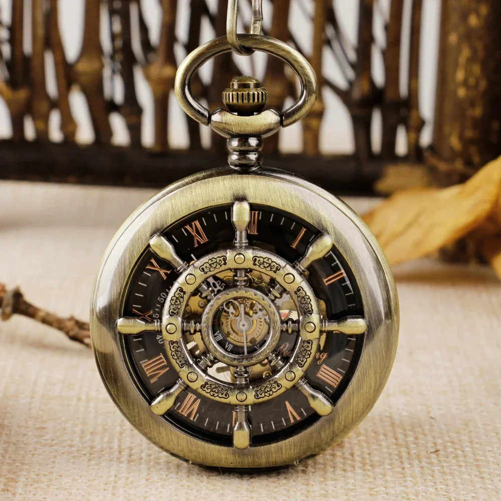 

Bronze/Black Skeleton Boat Rudder Mechanical Pocket Watch Half Hunter Pendant Antique Manual Hand Winding Pocket Clock Gifts