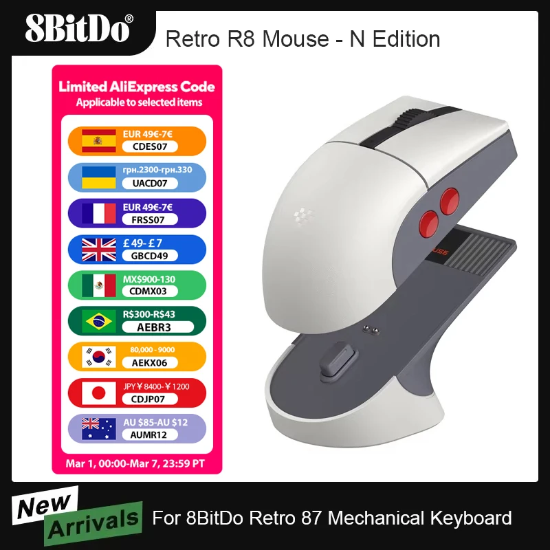 Souris rétro R8 8BitDo avec station de chargement, souris de jeu sans fil avec taux d'érollage 4K, boutons programmables, micro-interrupteurs